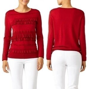 Diane Von Furstenberg Benni Medium Red Rubiate Ruffle Sweater Merino Wool Blend